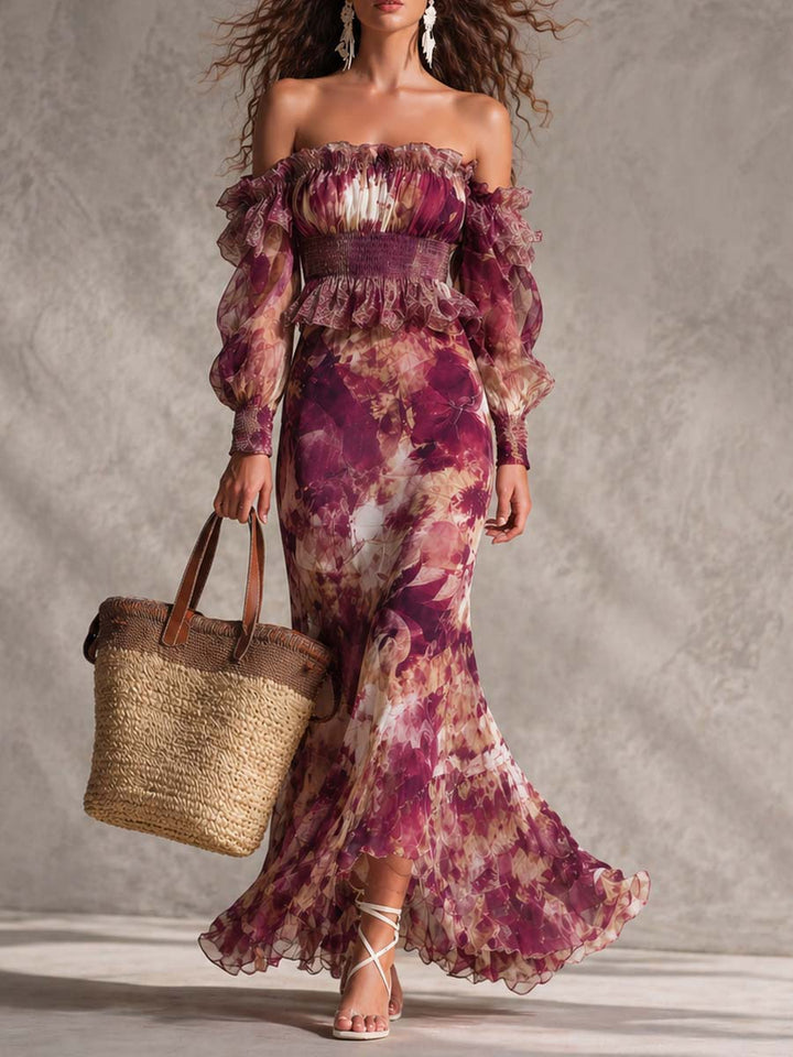 Camille™ | Abito Maxi in Chiffon Floreale Off-Shoulder