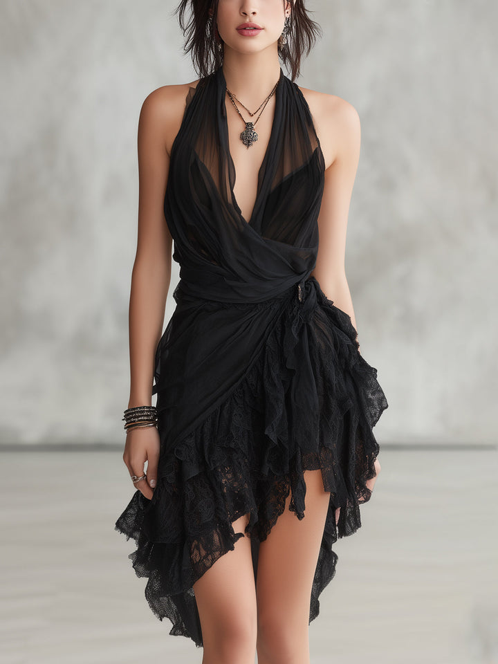 Lucienne™ | Abito Mini in Pizzo con Rouches a Collo Halter