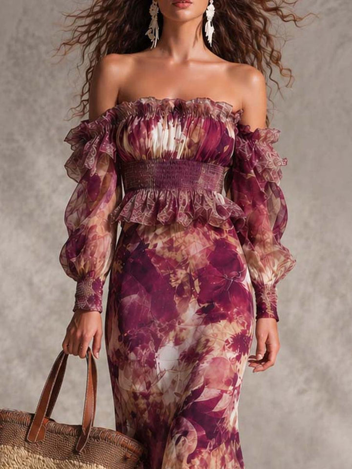 Camille™ | Abito Maxi in Chiffon Floreale Off-Shoulder