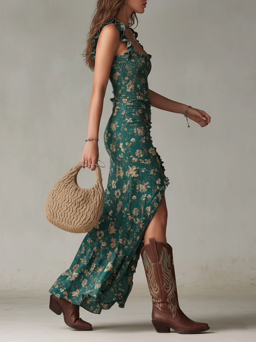 Juniper™ | Abito Maxi Stampato con Maniche a Ruffle Bohemien