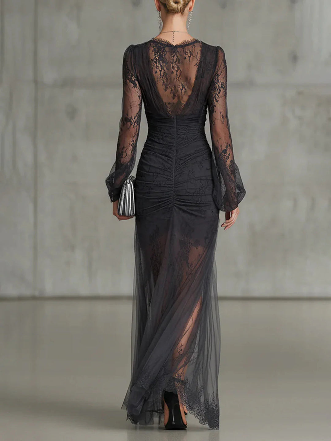Adelaide™ | Maxi Dress con Maniche Trasparenti Arricciate e Spacco