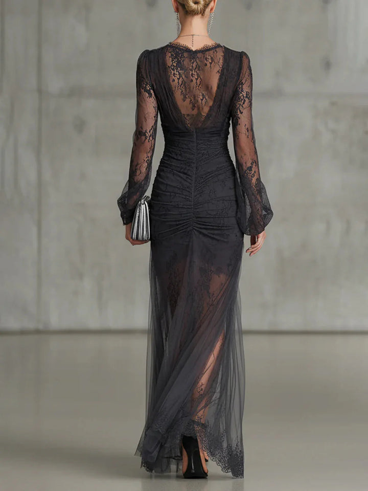 Adelaide™ | Maxi Dress con Maniche Trasparenti Arricciate e Spacco