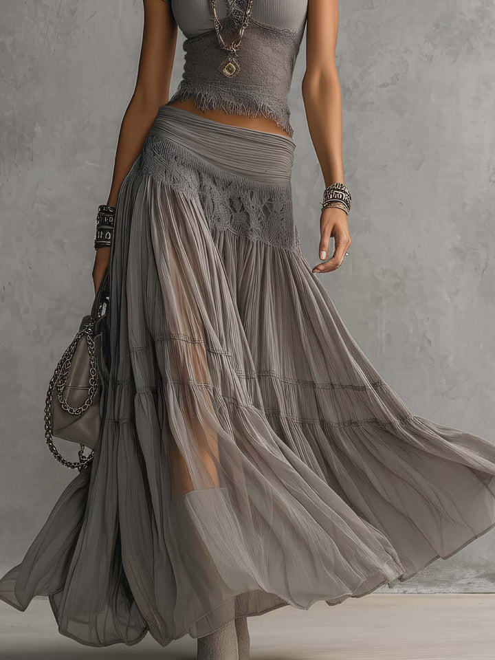 Vesper™ | Set Top con Pannelli in Pizzo e Gonna Maxi Plissettata