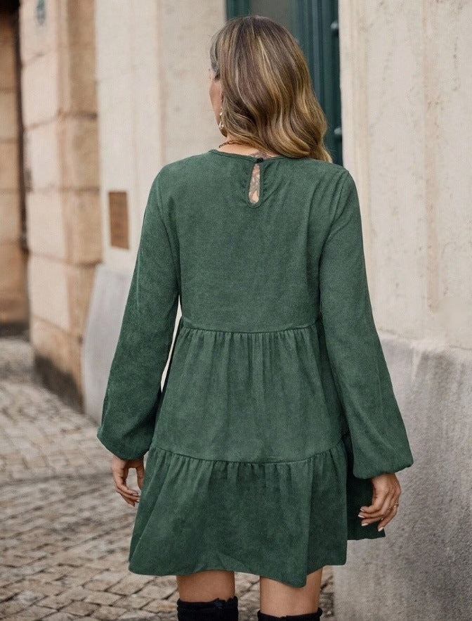Vestito Babydoll in Velluto a Coste Verde Foresta