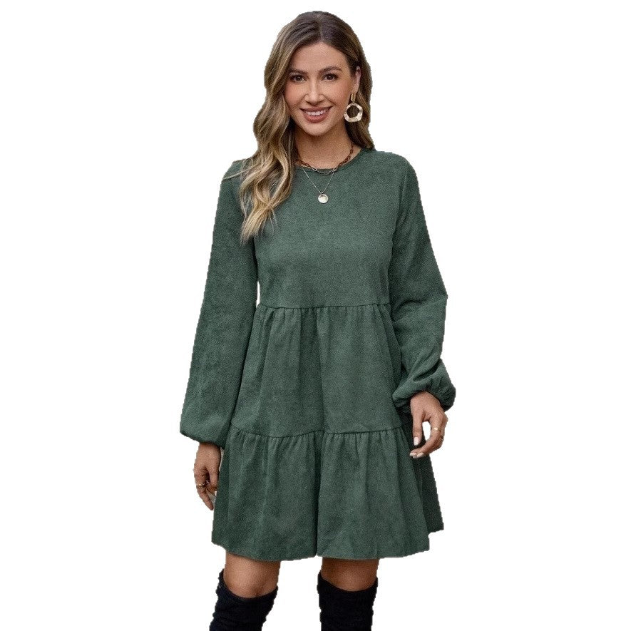 Vestito Babydoll in Velluto a Coste Verde Foresta