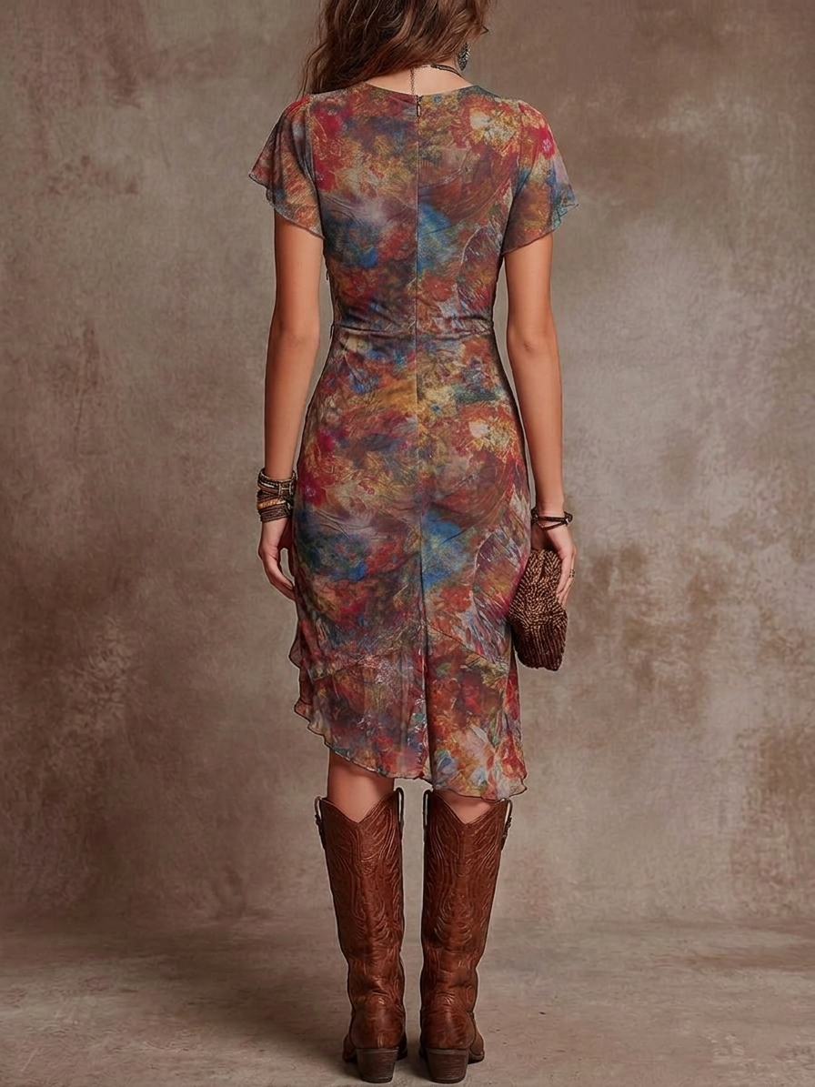 Anouk™ | Abito Midi Plissettato con Scollatura a V in Stile Astratto