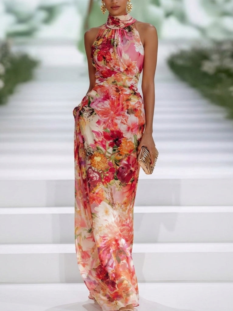 Carmen™ | Abito Maxi in Chiffon con Scollo a Halter Floreale