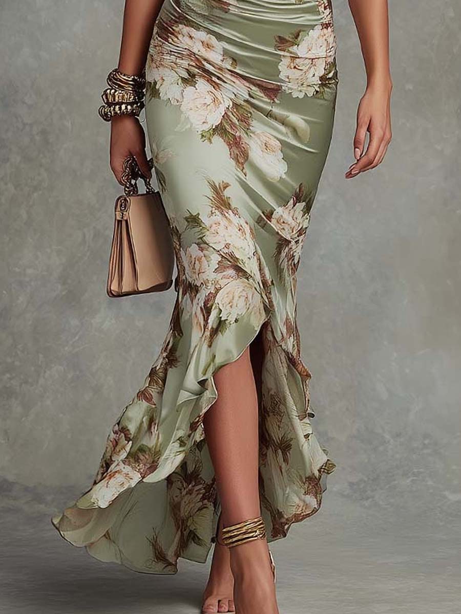 Ophelia™ | Vestito Maxi Asimmetrico in Raso con Maniche a Campana