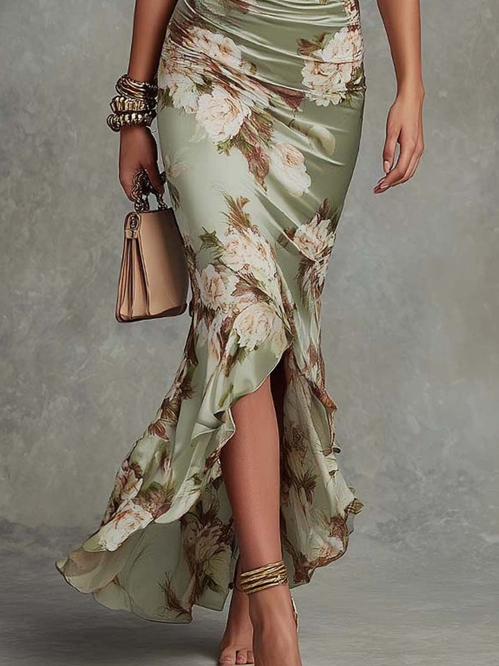 Ophelia™ | Vestito Maxi Asimmetrico in Raso con Maniche a Campana