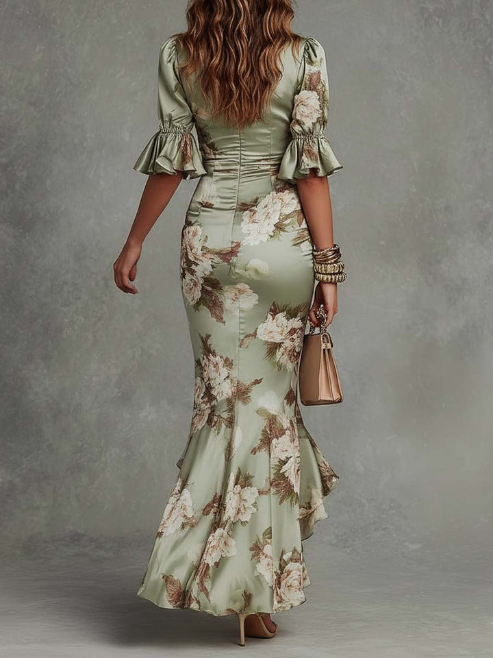 Ophelia™ | Vestito Maxi Asimmetrico in Raso con Maniche a Campana