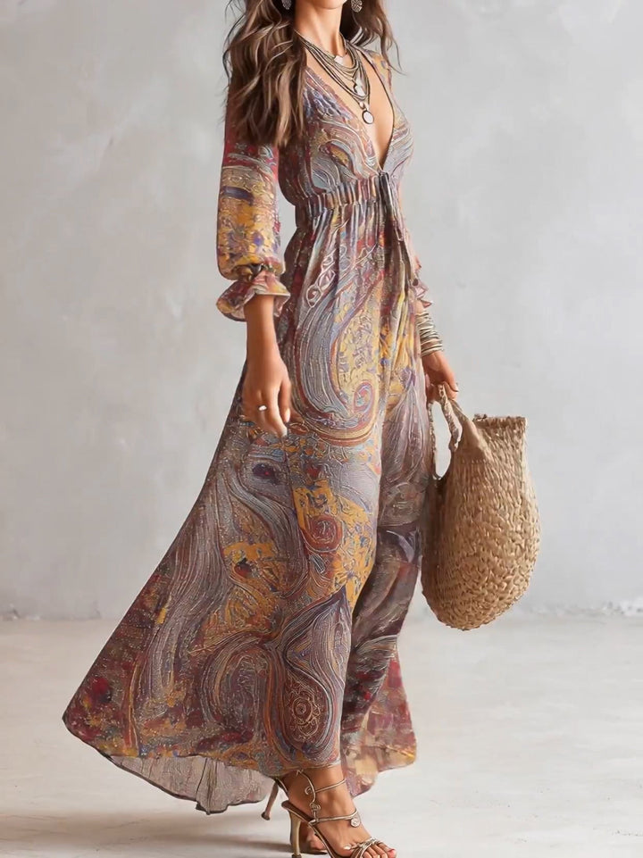 Cosima™ | Abito Maxi in Chiffon con Scollatura a V Paisley