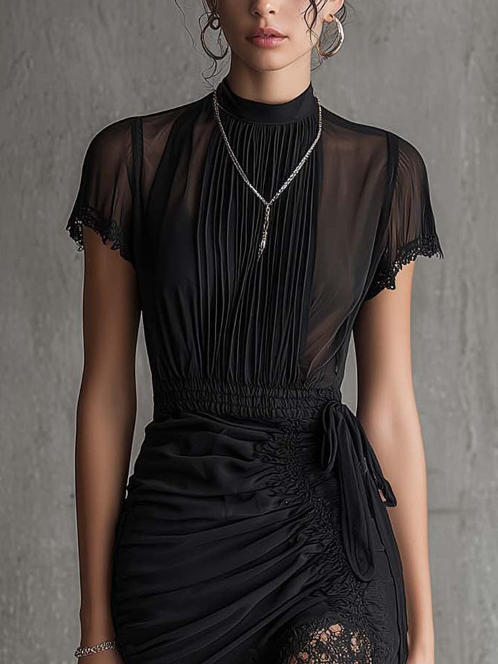 Delphine™ | Mini Abito in Chiffon con Pieghe e Pizzo