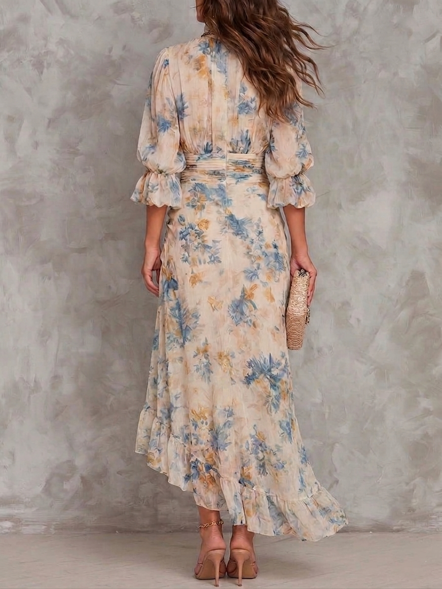 Margaux™ | Abito Maxi floreale con Collo Alto in Stile Pittura a Olio