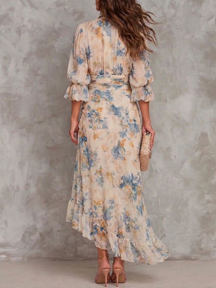 Margaux™ | Abito Maxi floreale con Collo Alto in Stile Pittura a Olio