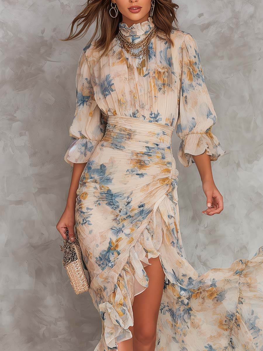 Margaux™ | Abito Maxi floreale con Collo Alto in Stile Pittura a Olio