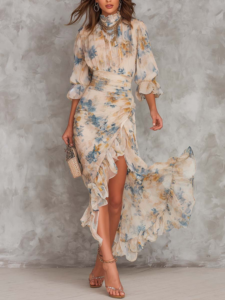 Margaux™ | Abito Maxi floreale con Collo Alto in Stile Pittura a Olio