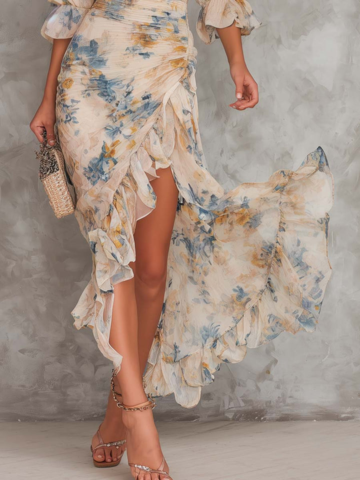 Margaux™ | Abito Maxi floreale con Collo Alto in Stile Pittura a Olio