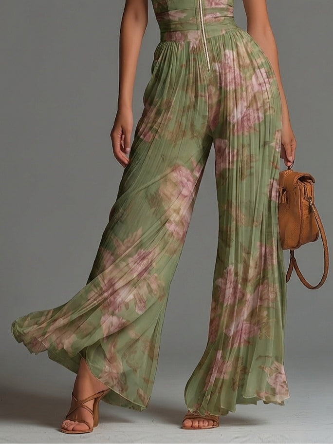 Pippa™ | Tuta in Chiffon a V Fiori con Gamba Larga
