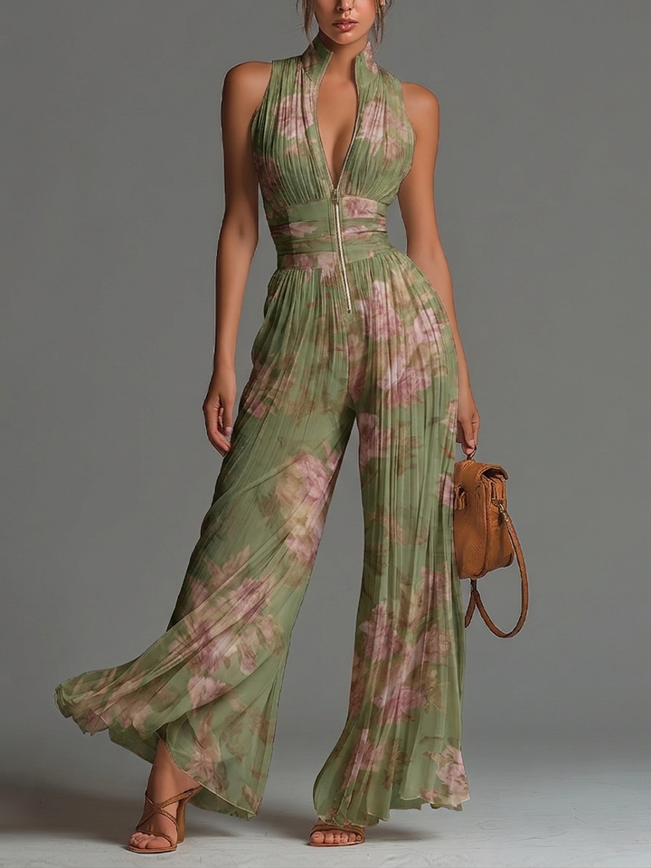 Pippa™ | Tuta in Chiffon a V Fiori con Gamba Larga