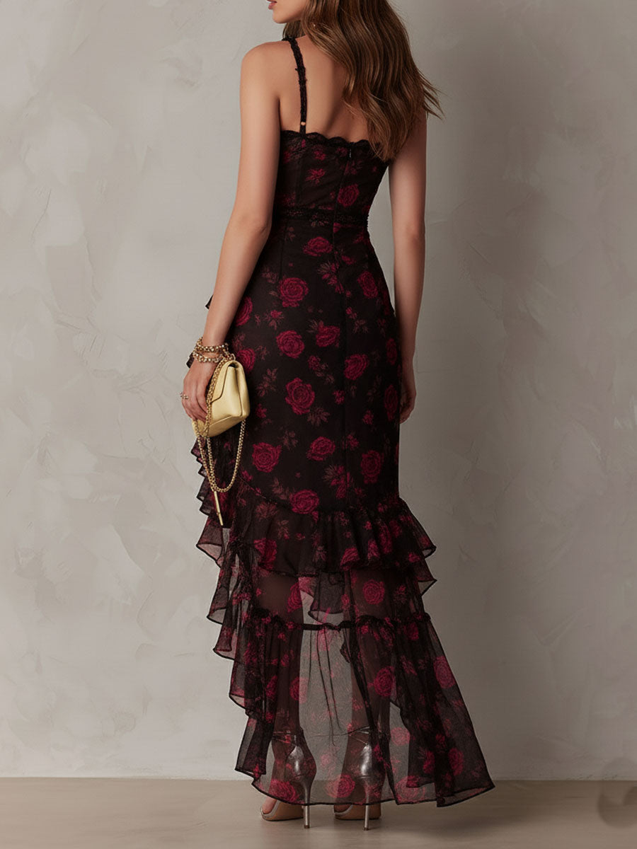 Renata™ | Vestito Floreale Nero e Rosso con Rouches