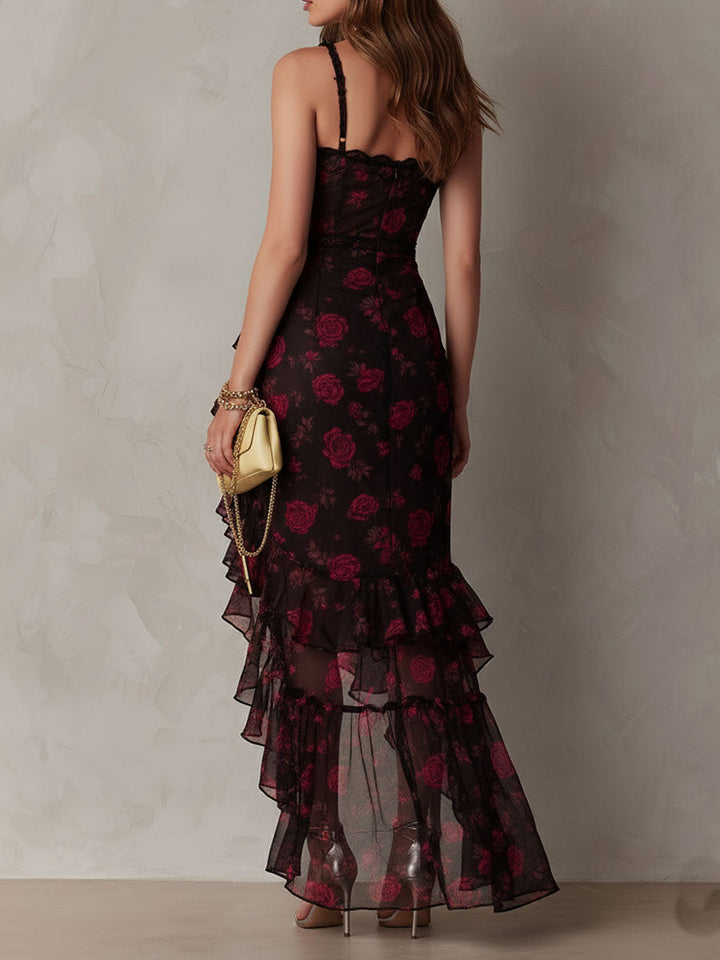 Renata™ | Vestito Floreale Nero e Rosso con Rouches