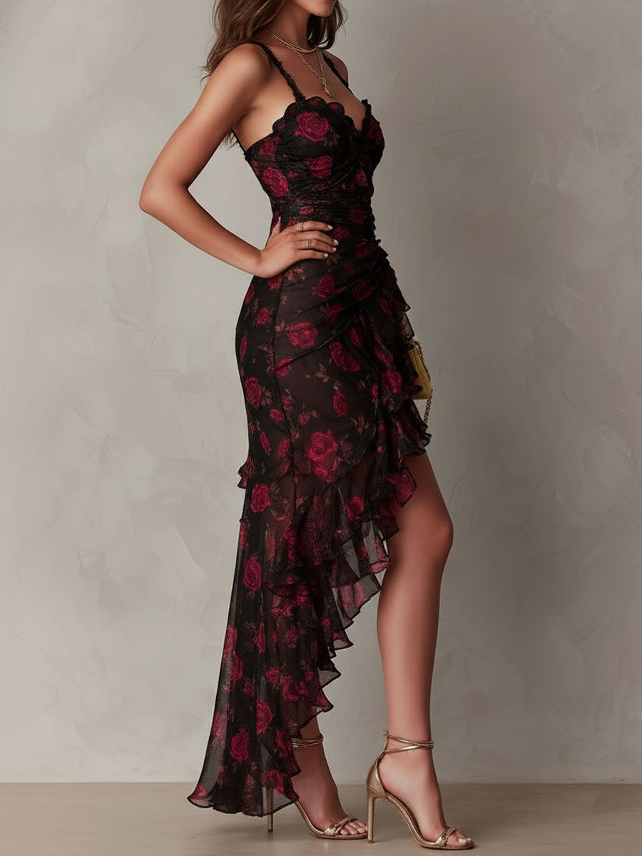 Renata™ | Vestito Floreale Nero e Rosso con Rouches