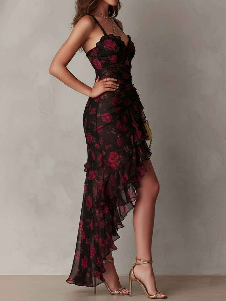 Renata™ | Vestito Floreale Nero e Rosso con Rouches