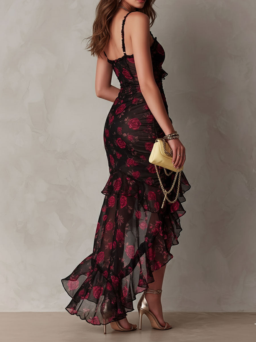 Renata™ | Vestito Floreale Nero e Rosso con Rouches