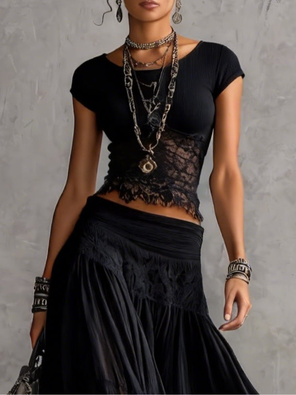 Cordelia™ | Top con Pannelli in Pizzo e Set di Gonna Maxy Plissettata