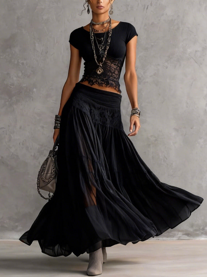 Cordelia™ | Top con Pannelli in Pizzo e Set di Gonna Maxy Plissettata