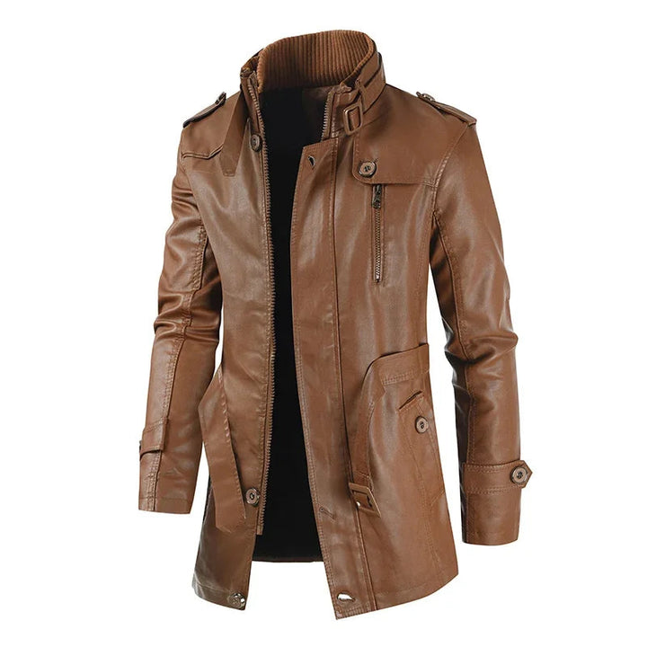 Elegante giacca da biker in pelle lunga
