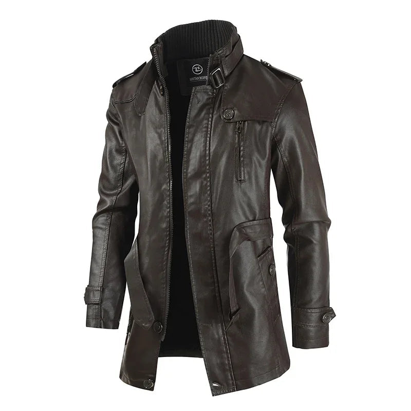 Elegante giacca da biker in pelle lunga