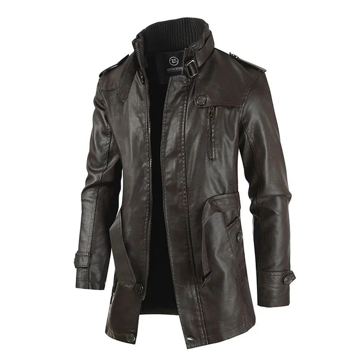 Elegante giacca da biker in pelle lunga