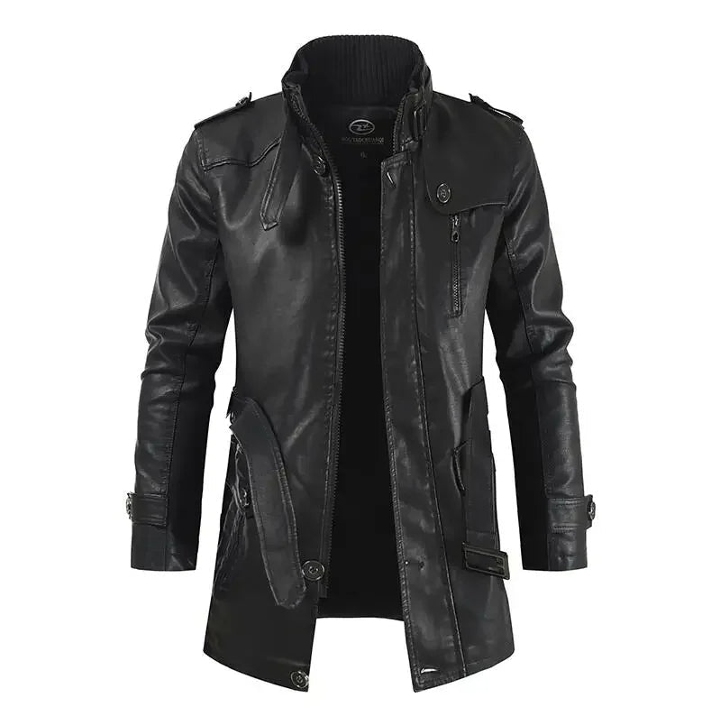 Elegante giacca da biker in pelle lunga